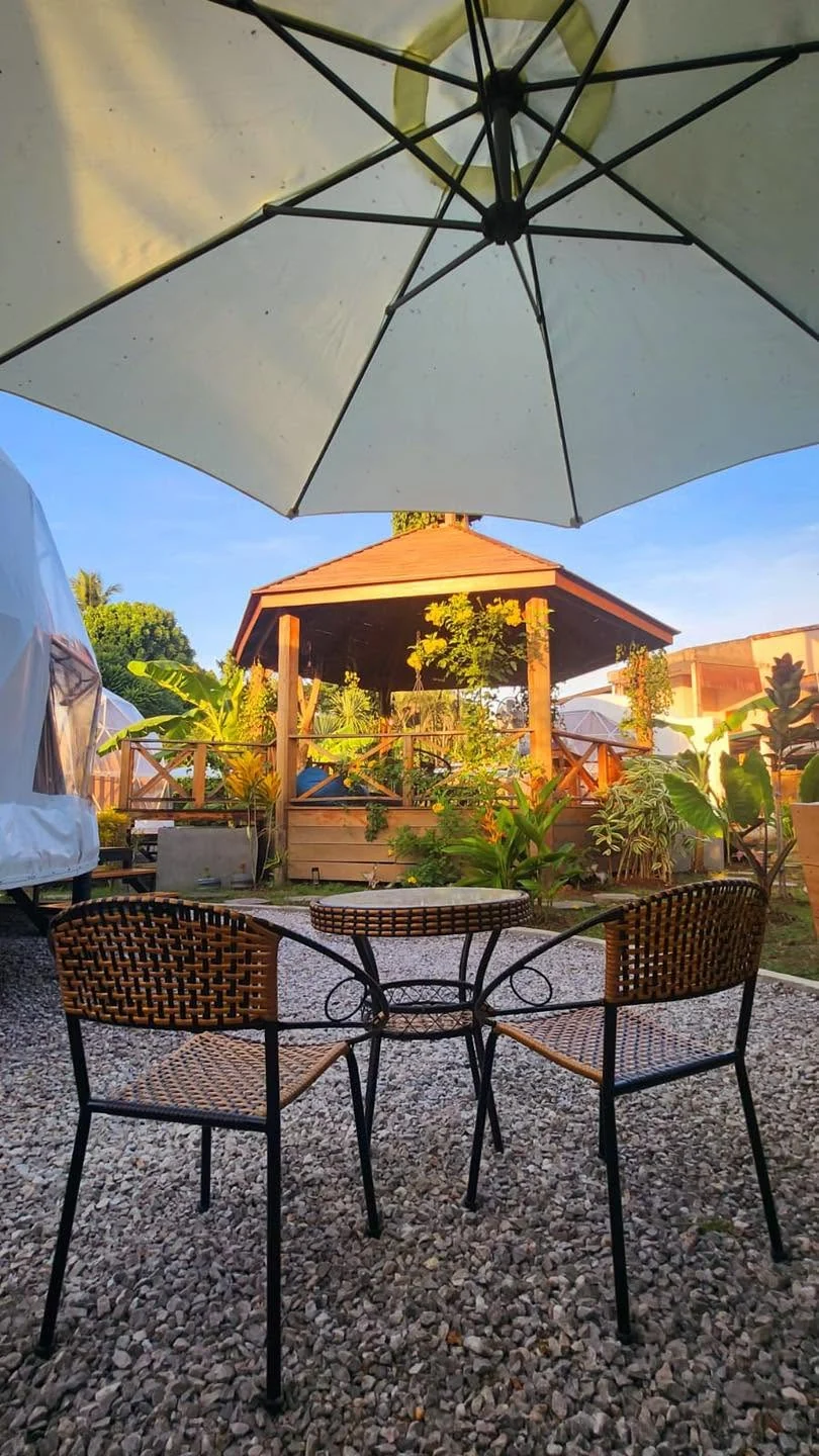 Outdoor seating in Domea’s leafy garden